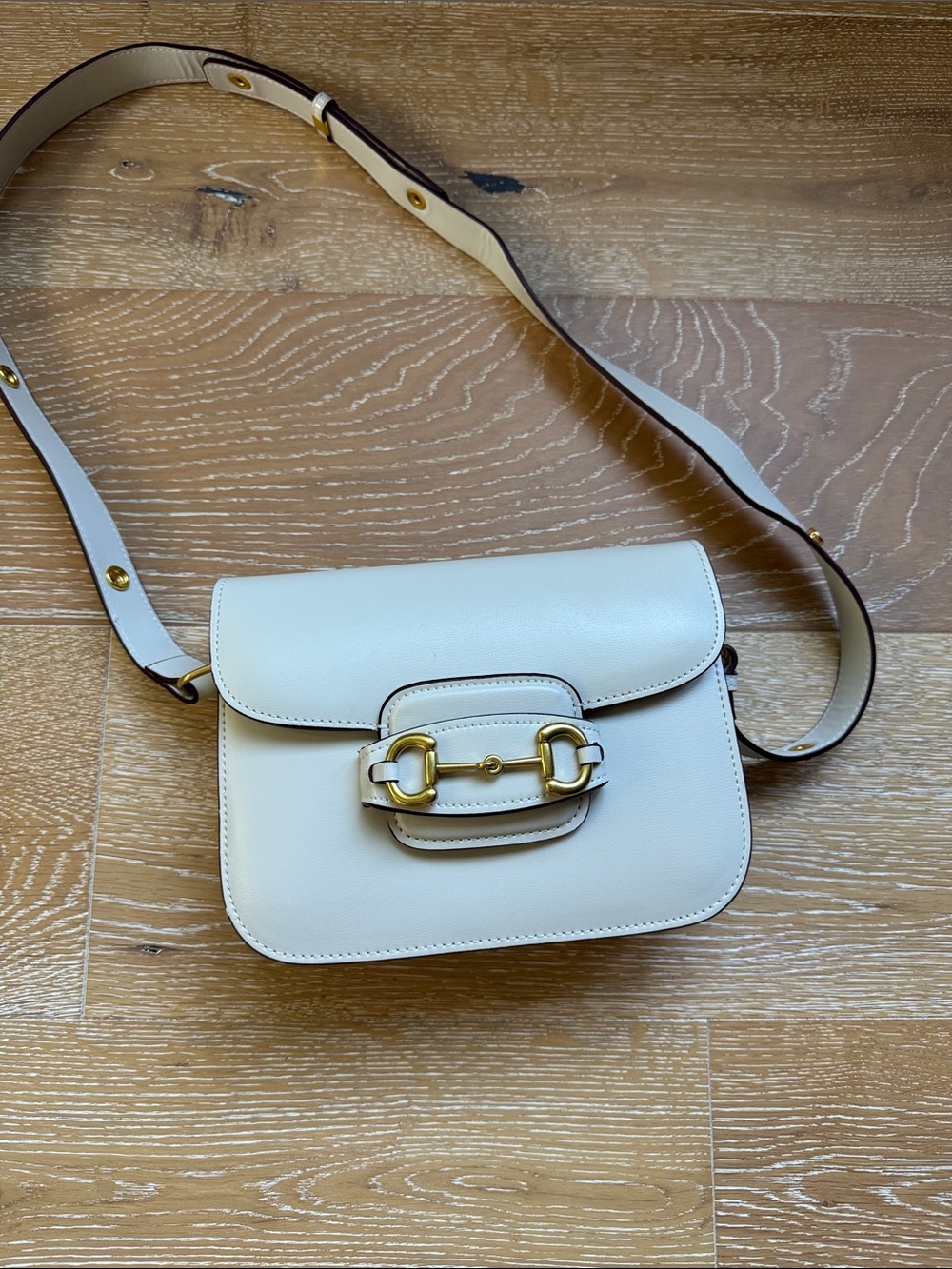 Cream Leather Saddle Crossbody Bag with Gold Hardware